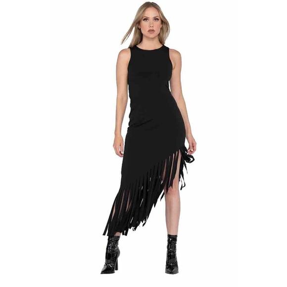 Eva Varro Women's Asymmetric Fringe Dress Reversible Black Green Small New ac27 - Picture 2 of 11